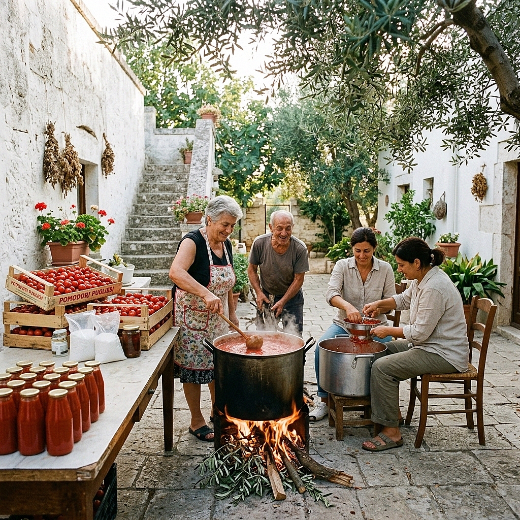 Apulian family preparing tomato passata in a rustic courtyard