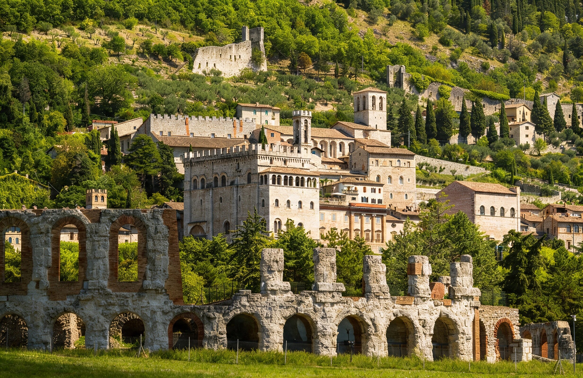Die spektakuläre mittelalterliche Architektur aus grauem Stein von Gubbio, die sich an der Flanke des Berges in Umbrien erhebt