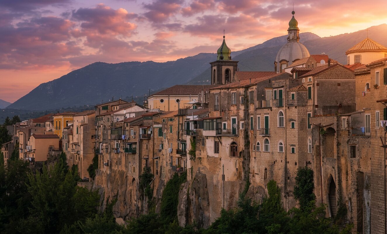 Das Dorf Sant'Agata de' Goti auf einem Tuffsteinsporn, das zu schweben scheint
