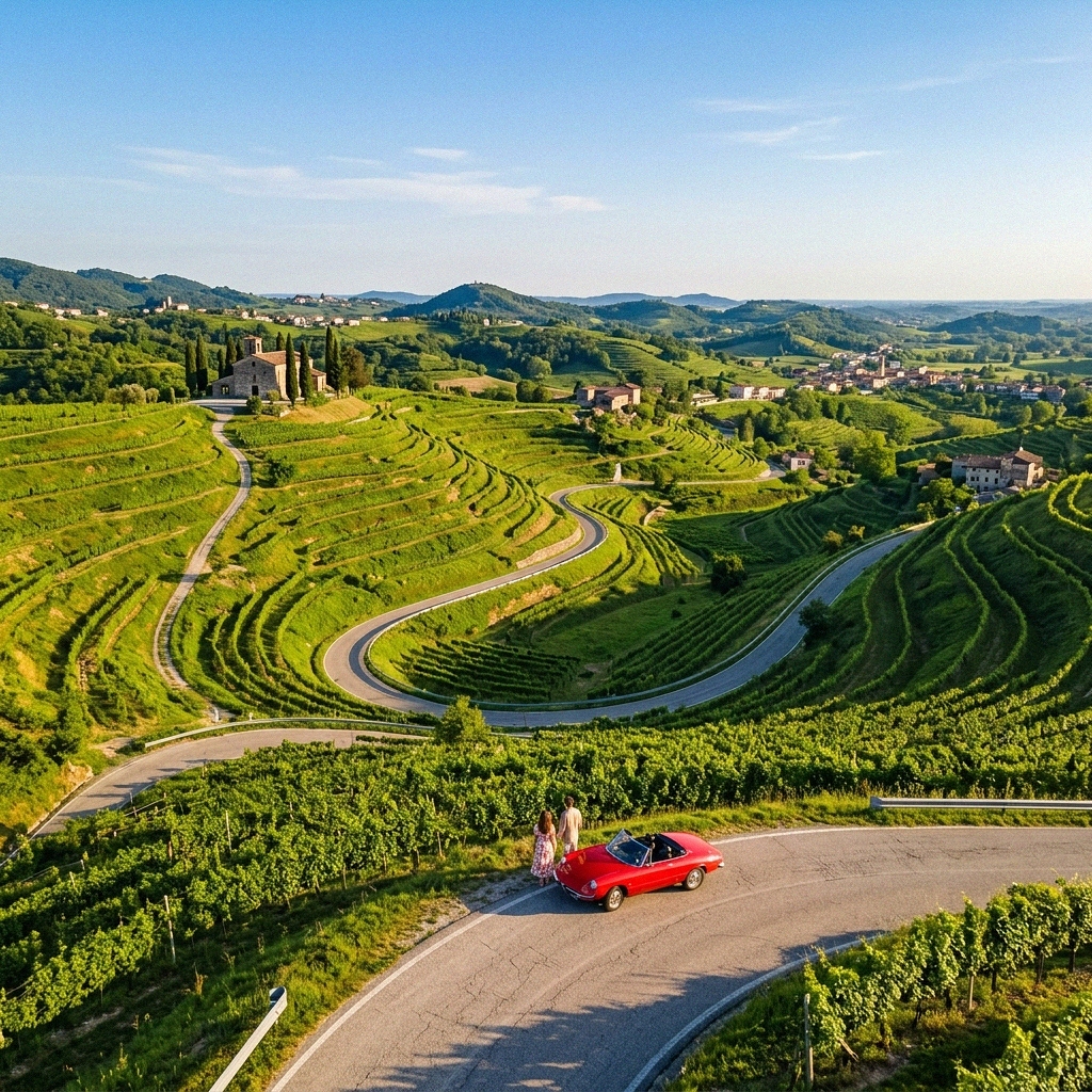 A panoramic view of the vineyards along the Great Prosecco Road in Veneto