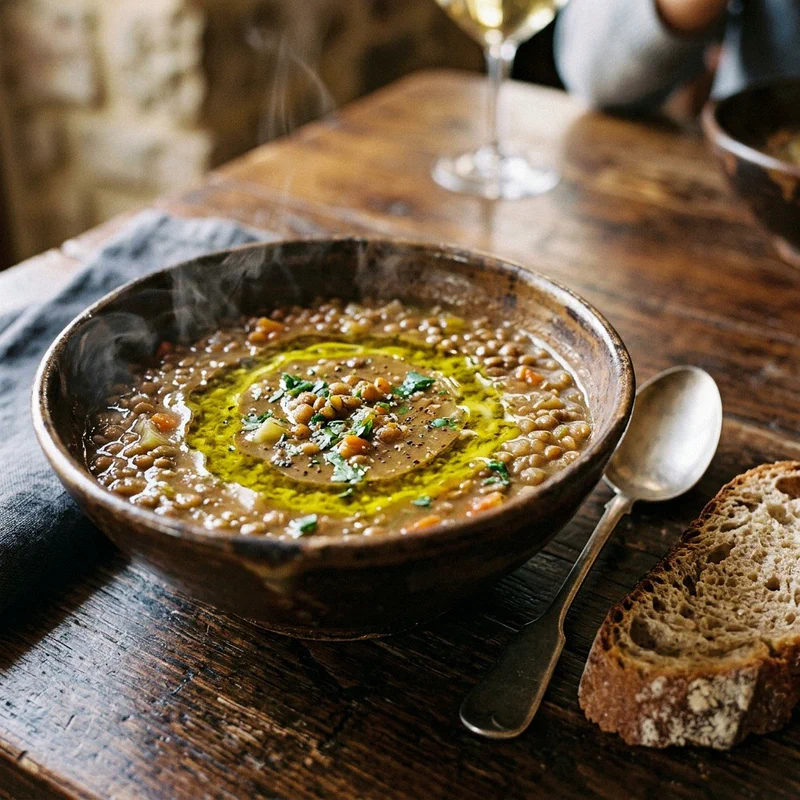 Zuppa calda di lenticchie di Castelluccio con olio nuovo extravergine d'oliva