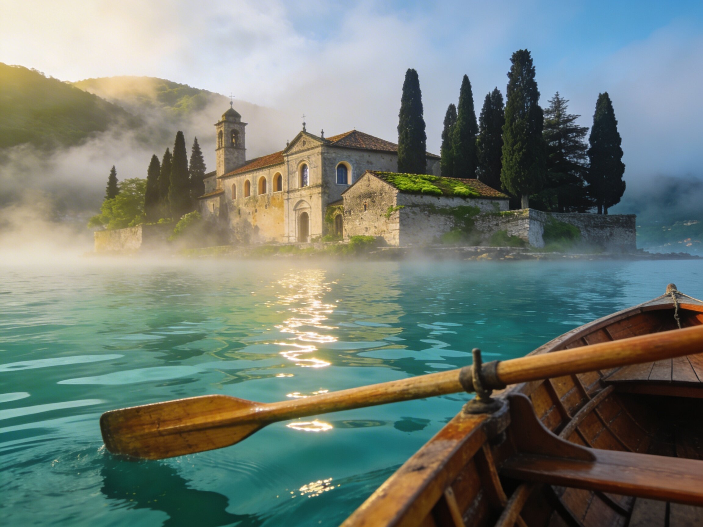 Die Isola di San Giulio, die aus den Wassern des Ortasees auftaucht, mit der Benediktinerabtei