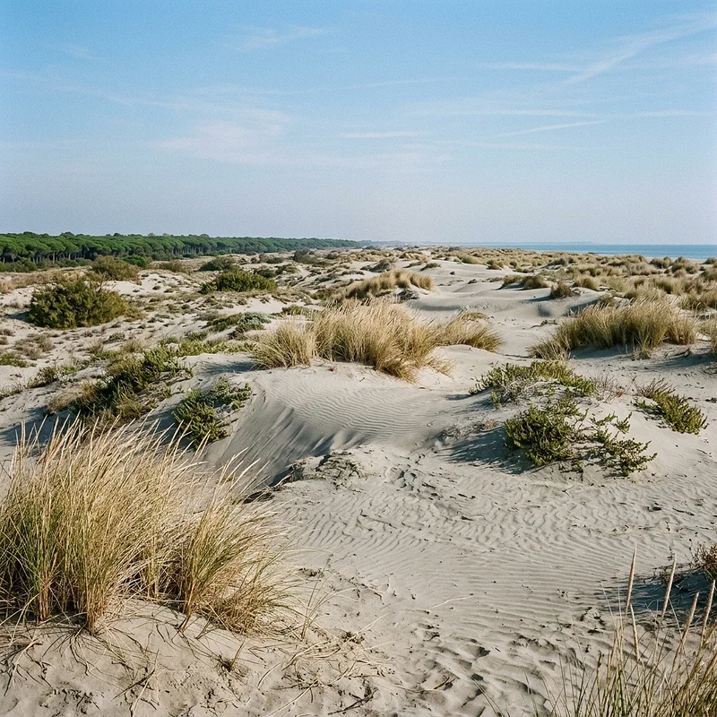 The sand dunes and pine forest of the Alberoni nature reserve at sunset