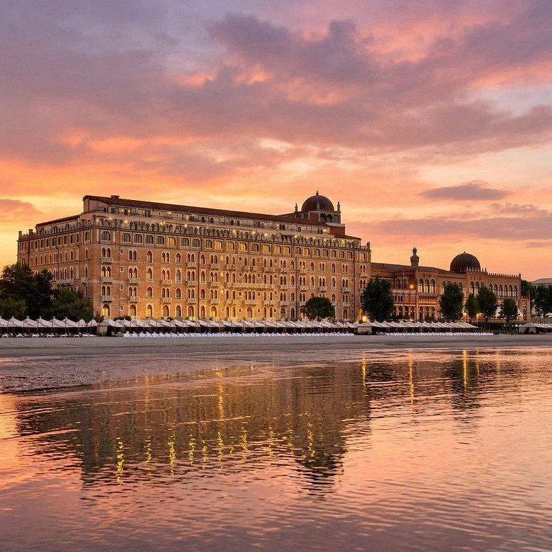 The seafront of Venice Lido with the Palazzo del Cinema and the Hotel Excelsior