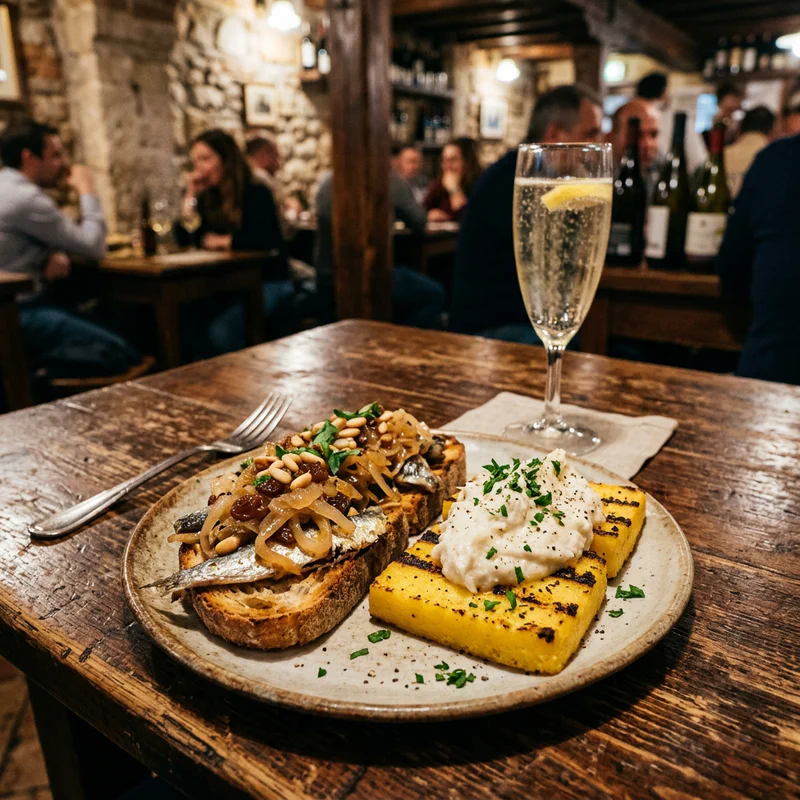 A plate with sarde in saor and baccalà mantecato on polenta with a glass of Prosecco