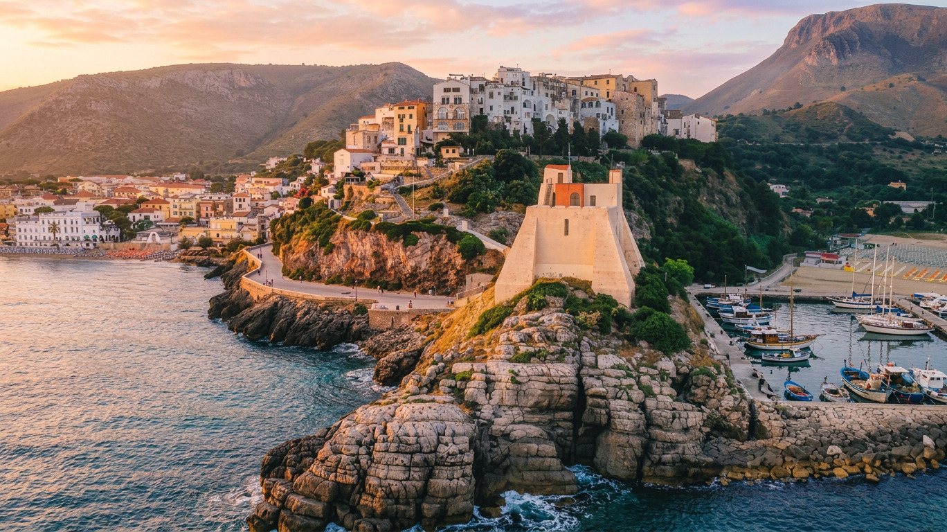 Vista panoramica del borgo bianco di Sperlonga con il mare cristallino sullo sfondo