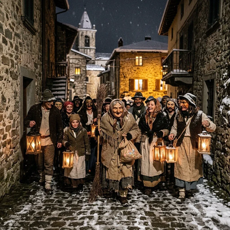 Gruppo di persone mascherate per la Befana in Garfagnana, con una figura che ricorda la Befana e altri personaggi tradizionali.