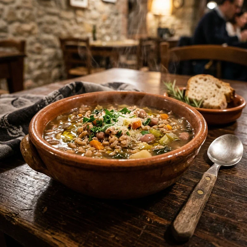 Una fumante zuppa di farro della Garfagnana servita in una ciotola di terracotta rustica