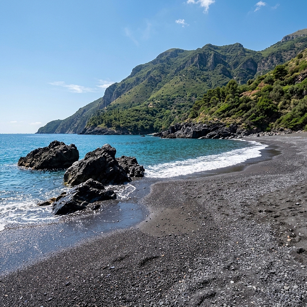 Die Bucht von Cala Jannita in Maratea mit dunkelgrauen Kieseln und türkisfarbenem Wasser