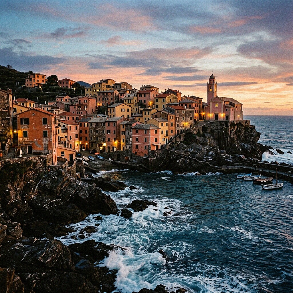 Vista romantica del borgo di Tellaro al tramonto con le case colorate