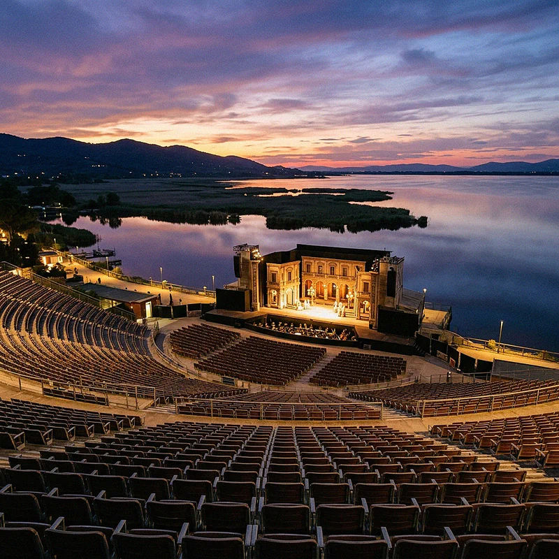 The magnificent open-air theater of the Puccini Festival on Lake Massaciuccoli at sunset