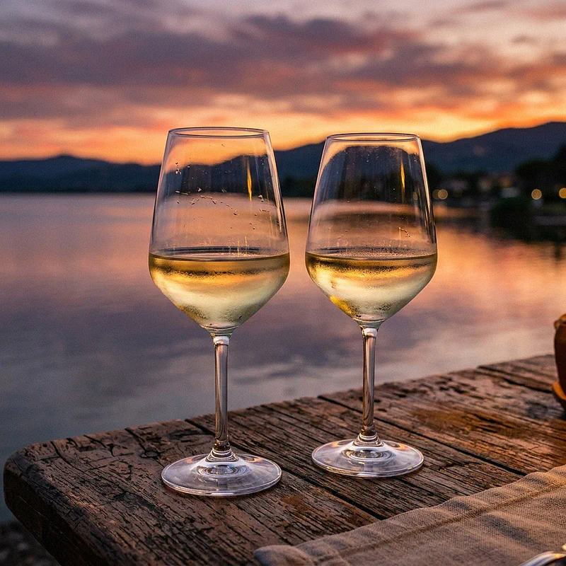 Two glasses of white wine on a wooden table by the lake at sunset