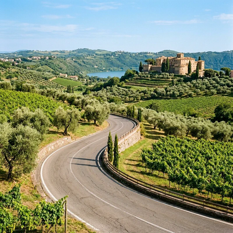 Panoramic view of Lake Albano and the village of Castel Gandolfo in the Castelli Romani