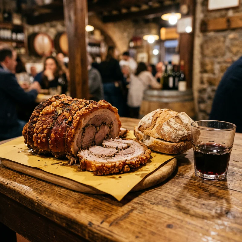 A platter of Ariccia porchetta with crusty bread and a glass of wine in a fraschetta