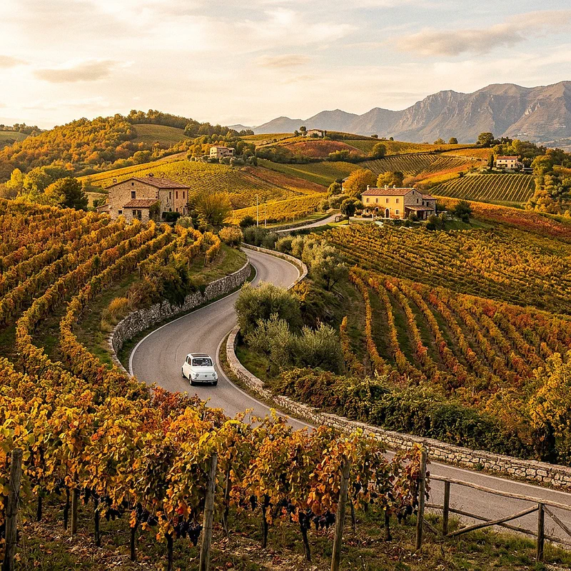 Scenic road among the vineyards of Sannio in Campania