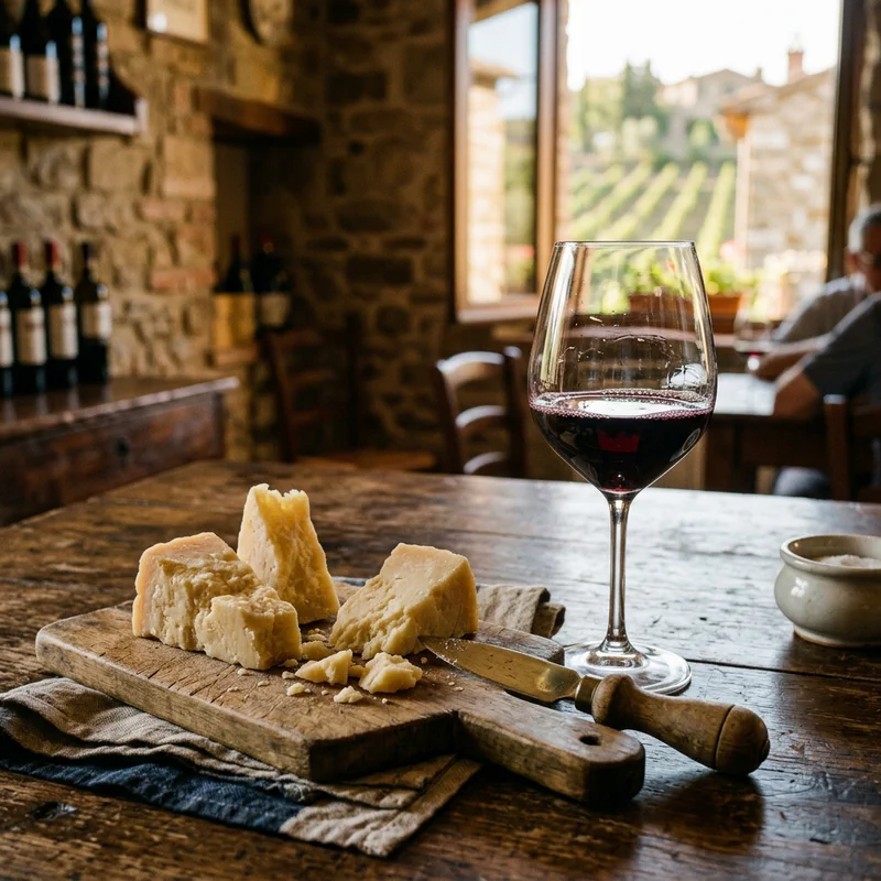 Rustic platter with pecorino cheese and a glass of red wine
