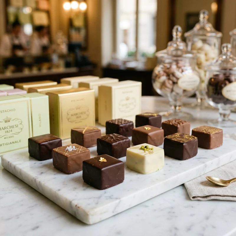 Ein Marmortablett mit den berühmten Schokoladenwürfeln der Pasticceria Marchesi in Mailand