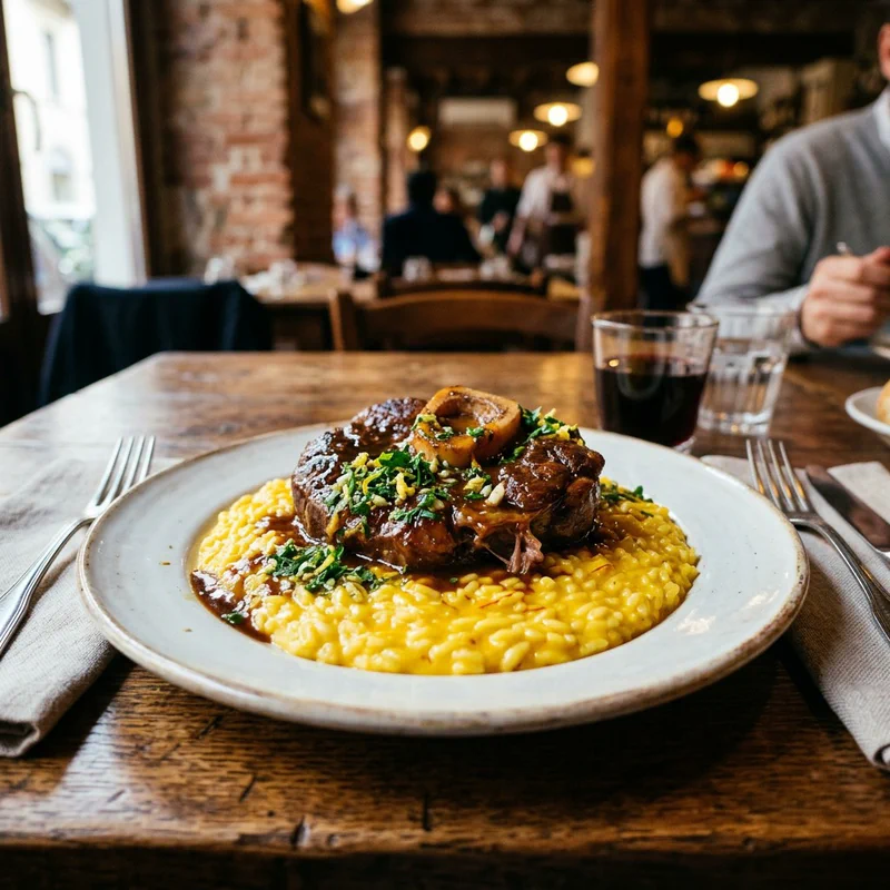Ein dampfender Teller Risotto alla Milanese mit Ossobuco in der Trattoria Torre di Pisa in Mailand
