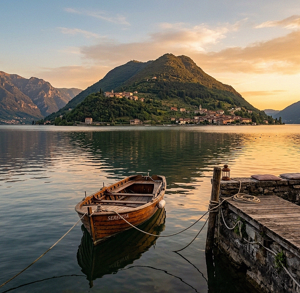 Vista panoramica di Monte Isola sul lago d'Iseo con le iconiche barche di pescatori