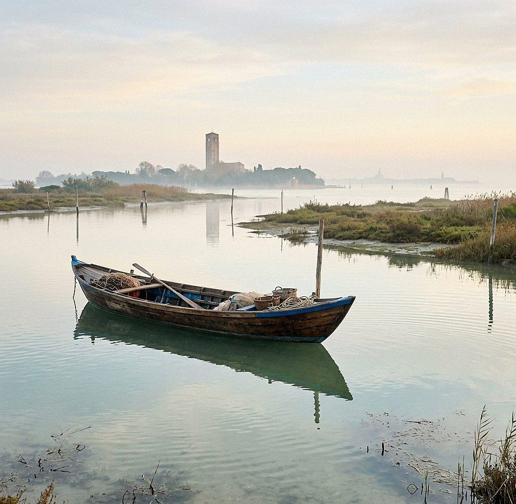 Ein traditionelles venezianisches Boot in einem ruhigen Bereich der Lagune mit Schilf und klarem Himmel