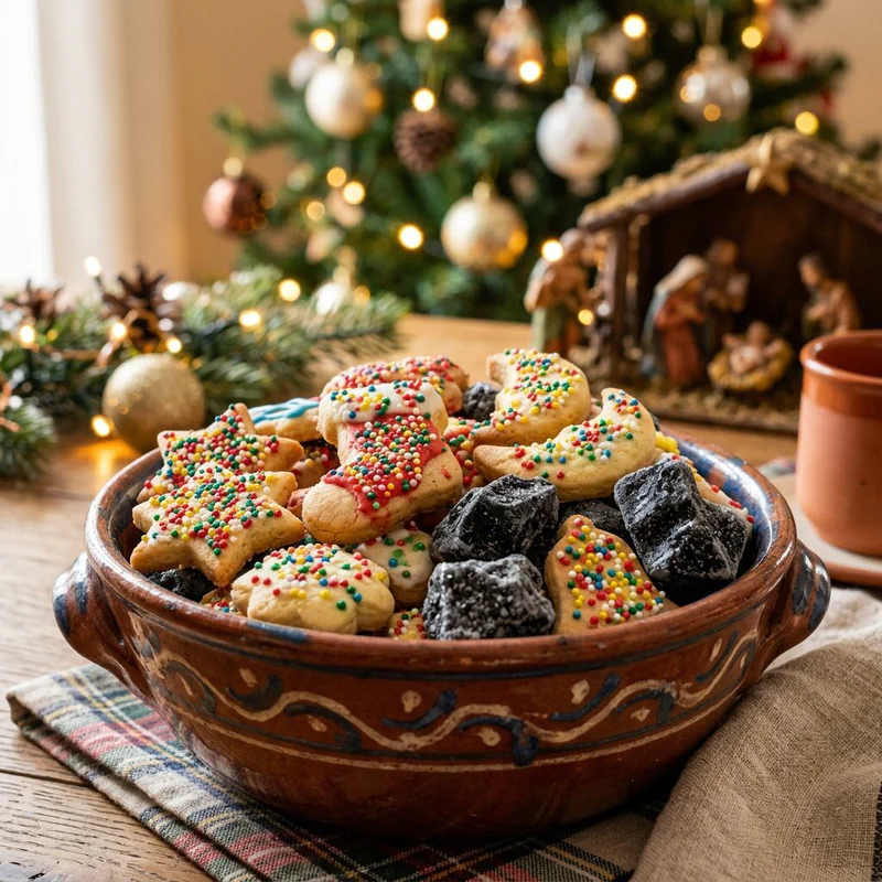 Biscotti colorati della Befana e carbone dolce in una ciotola di ceramica