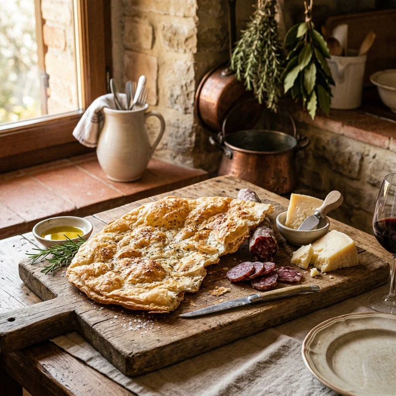 Un crostolo di Urbania caldo e sfogliato servito con salumi e formaggio locale