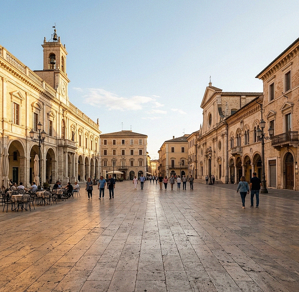 Die prächtige Piazza del Popolo in Ascoli Piceno, gepflastert mit poliertem Travertin, der die Renaissance-Arkaden widerspiegelt
