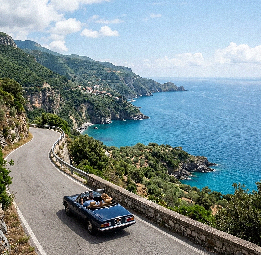 Küstenstraße im Cilento mit Haarnadelkurven über dem Meer