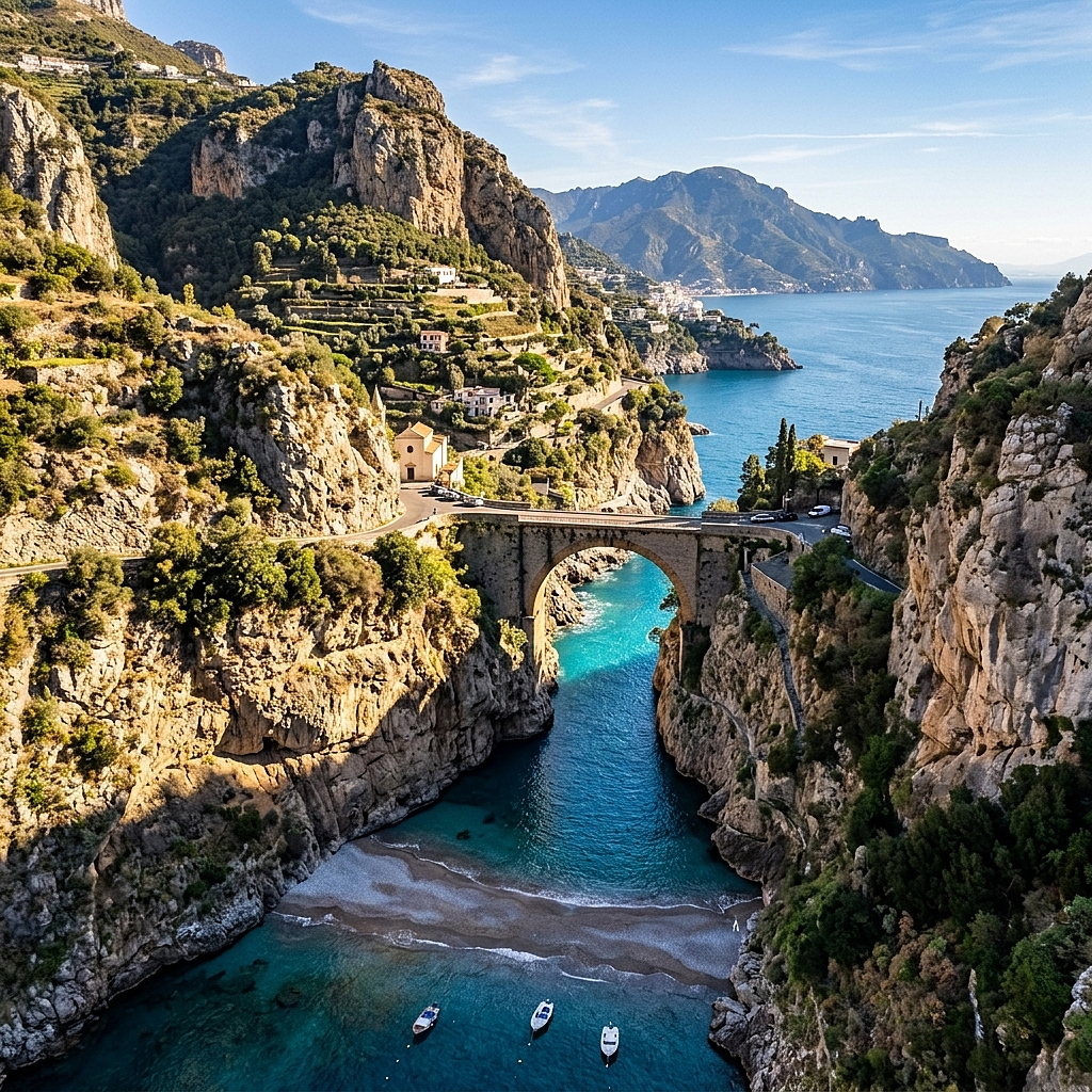 Un'auto che percorre le curve a picco sul mare della Costiera Amalfitana lontano dalla folla