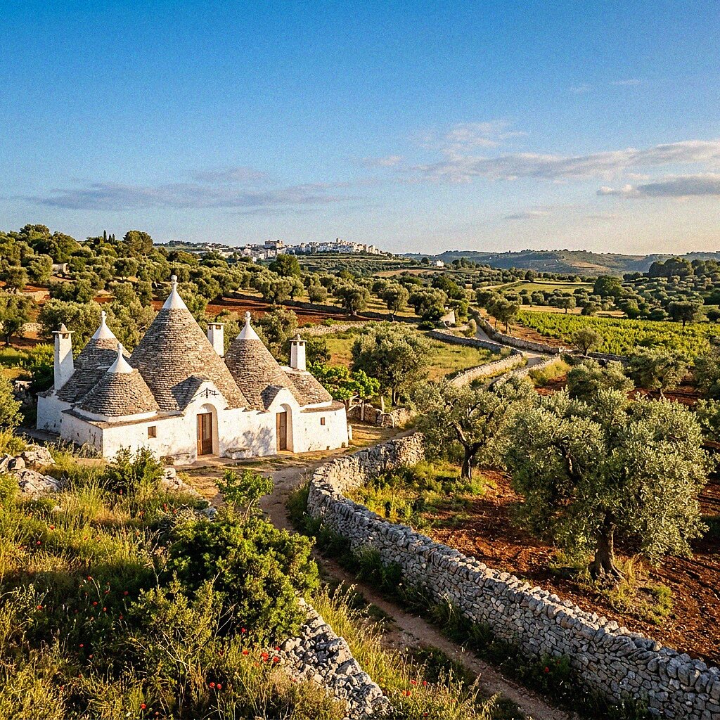 Vista panoramica dei trulli di Alberobello nella Valle d'Itria, Puglia