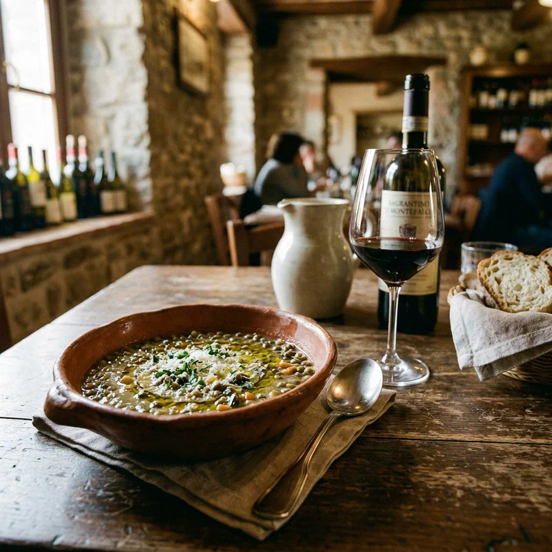 Roveja soup with red wine in a tavern in Rasiglia