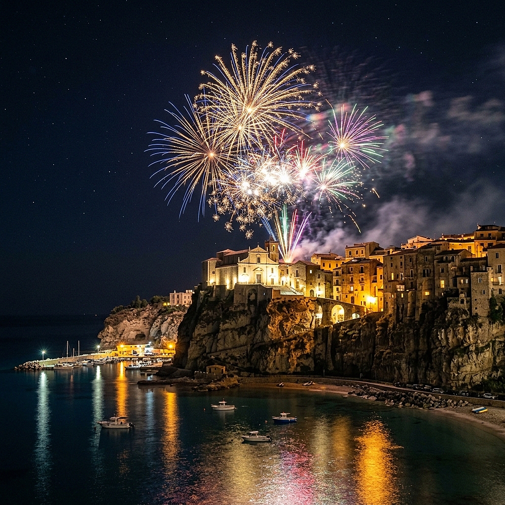 Eine lebhafte Prozession mit traditionellen Kostümen und Bannern während des I Tri da Cruci-Festes in Tropea.