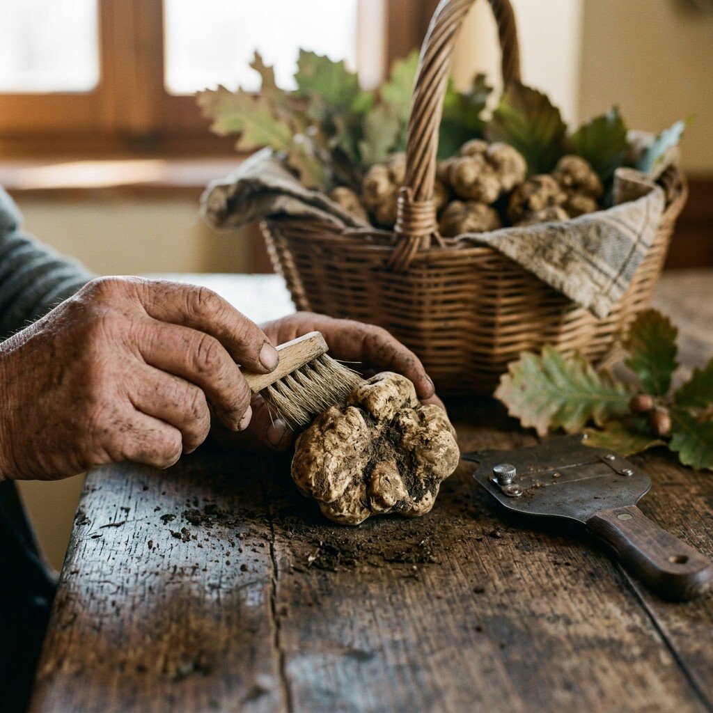 Un tartufo bianco d'Alba appena estratto che viene pulito delicatamente da un cercatore su un tavolo di legno rustico