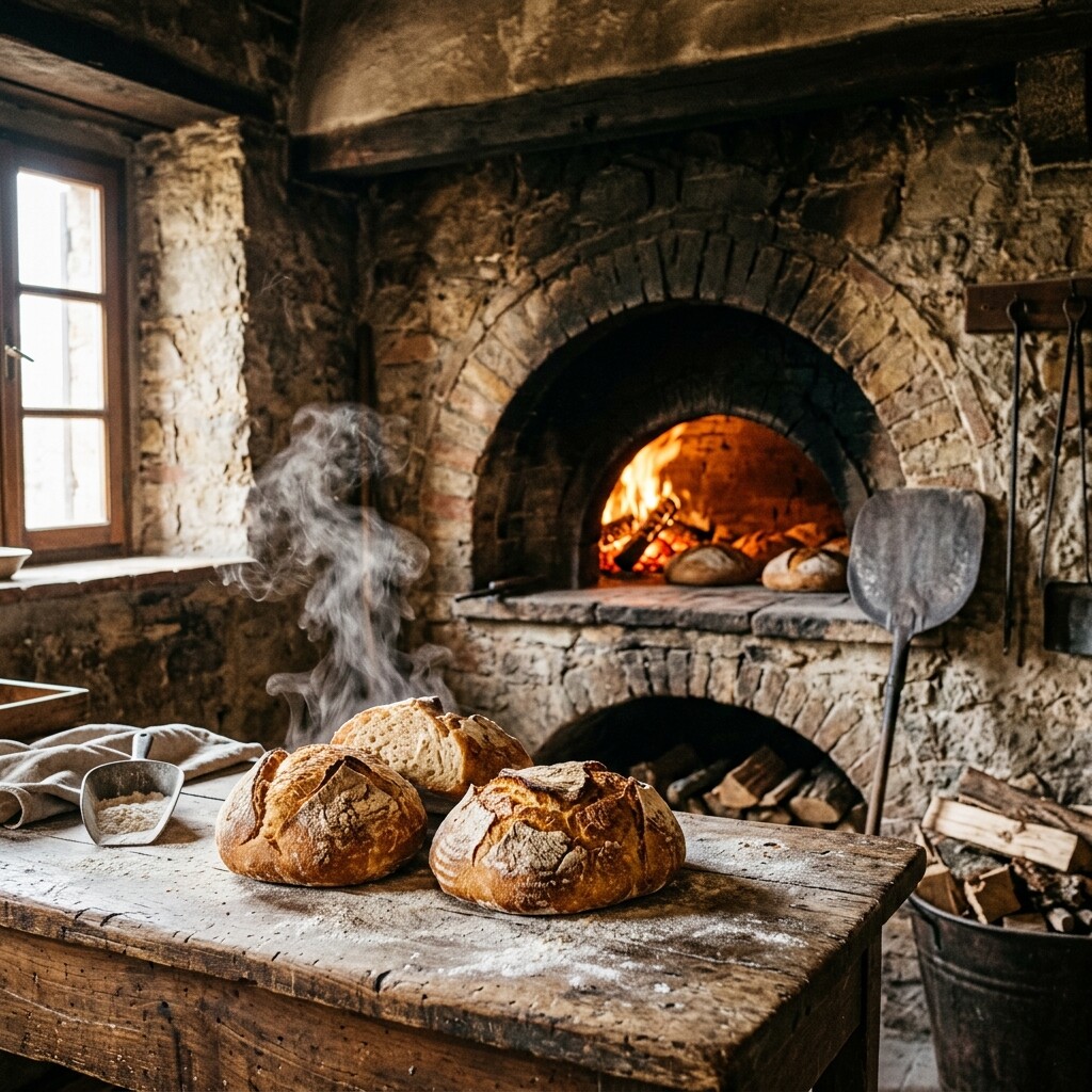 Pane toscano rustico appena sfornato in un antico forno di Montepulciano
