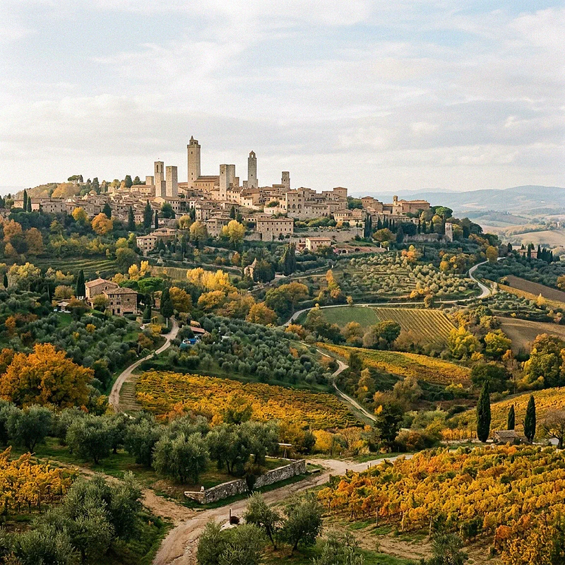 Torri medievali di San Gimignano circondate da vigneti autunnali