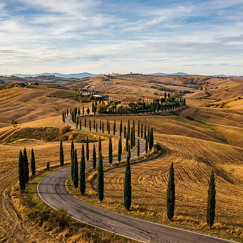 Strada sinuosa circondata da cipressi nella Val d'Orcia in autunno