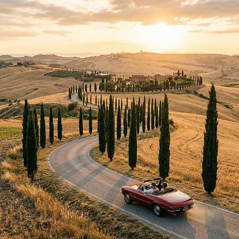 A classic car driving through the winding, cypress-lined roads of Val d'Orcia at golden hour