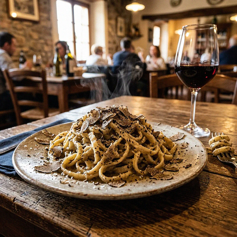 Un piatto fumante di strangozzi umbri ricoperti di scaglie di tartufo nero estivo accompagnato da un bicchiere di vino rosso Sagrantino