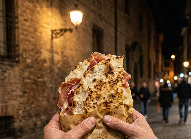 Una torta al testo umbra bollente farcita con prosciutto crudo e pecorino fuso mangiata per le strade di Perugia di notte