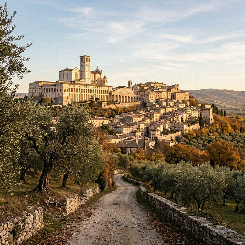 La basilica di San Francesco ad Assisi vista da una strada di campagna