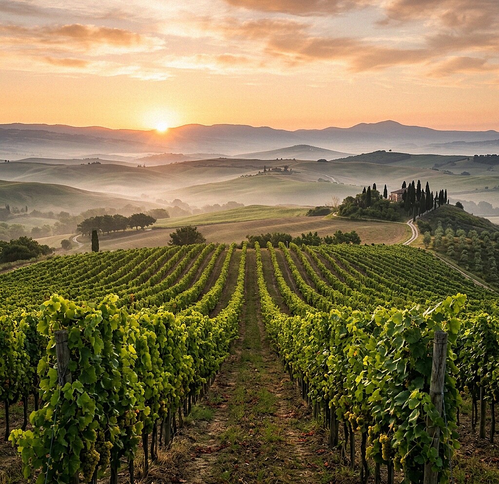 Der goldene Sonnenaufgang, der die italienischen Weinberge in den nebligen Hügeln des Piemont beleuchtet