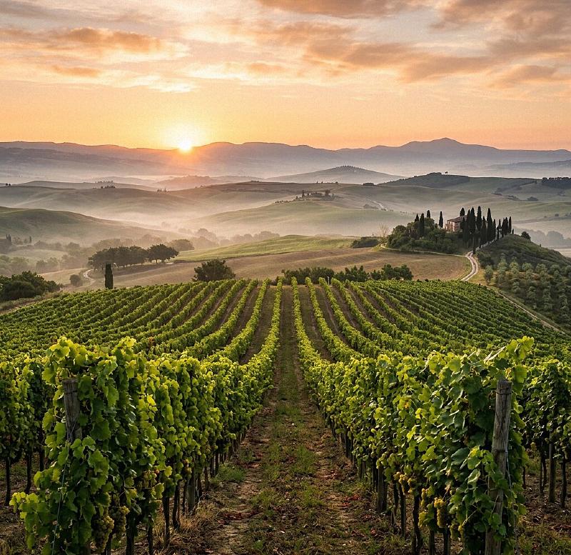Sunrise over a Tuscan vineyard, misty hills and rows of grapevines bathed in golden light.