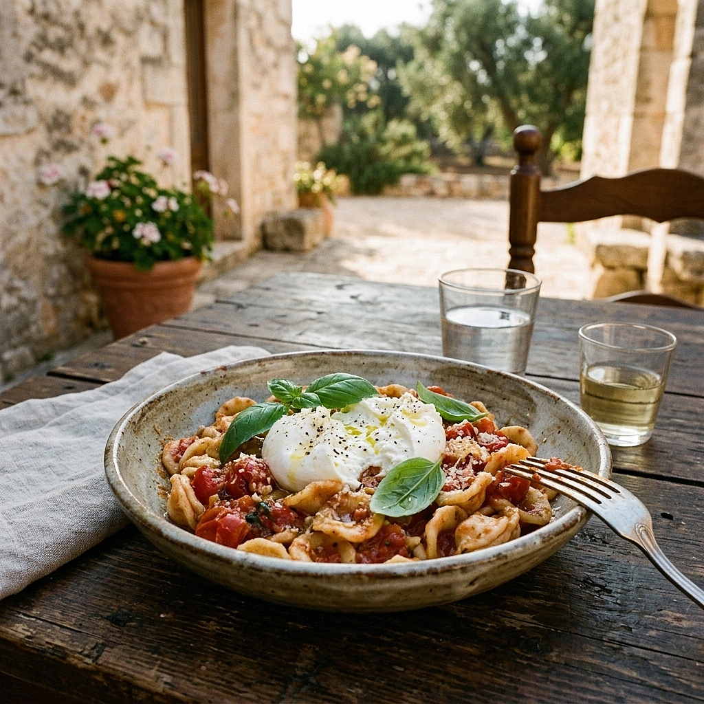 Ein rustikaler Teller mit handgemachter Orecchiette-Pasta