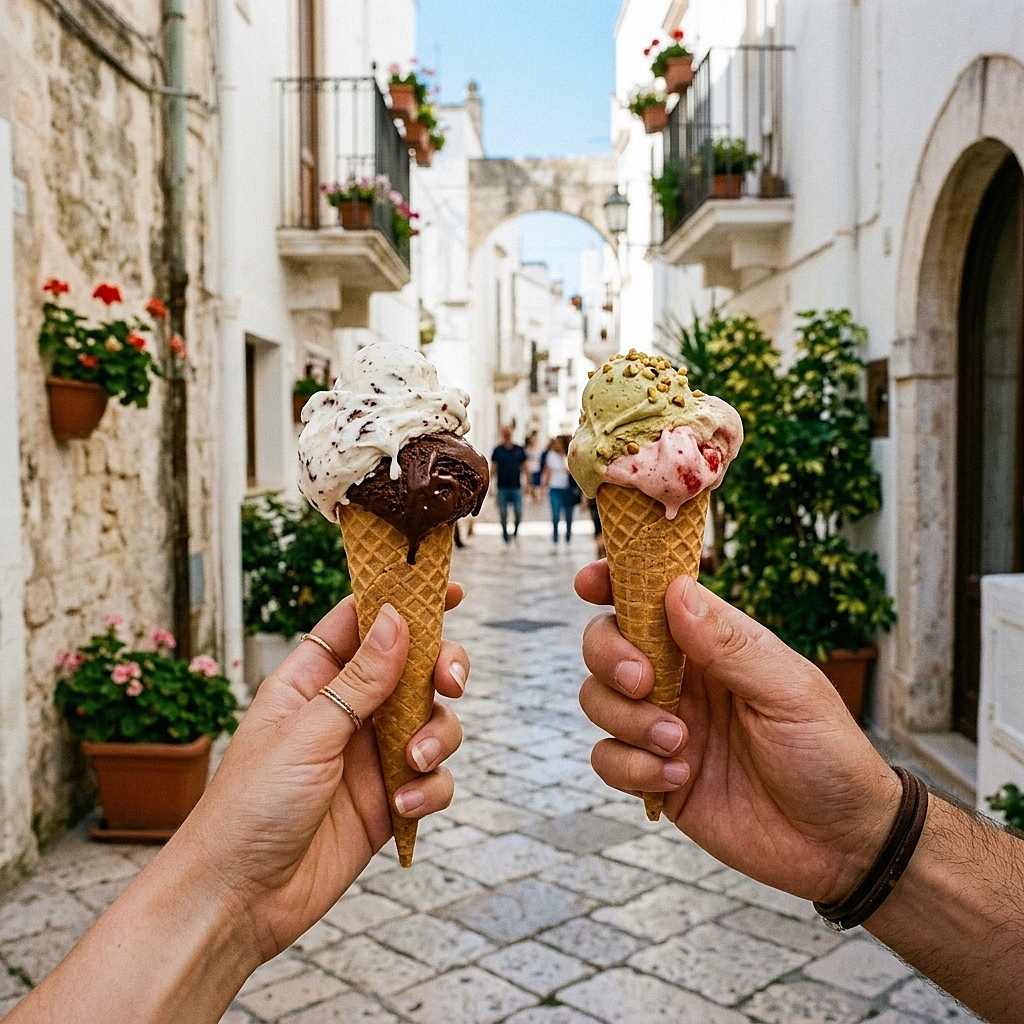 Zwei Hände halten handwerklich hergestelltes Eis in Ostuni