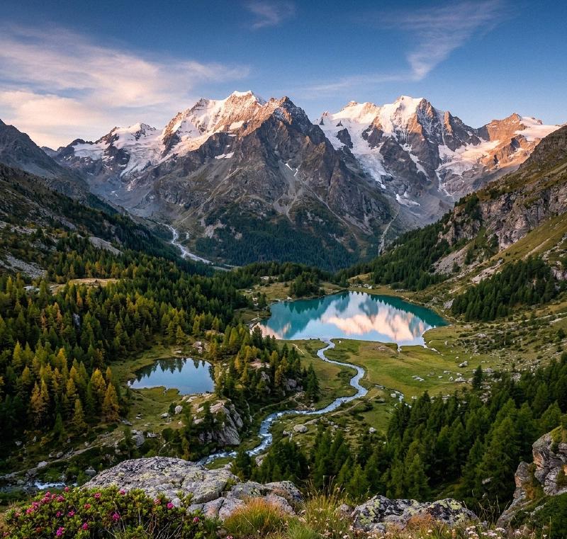 A hiker overlooking a pristine alpine lake in the Valle d Aosta with Monte Rosa in the background