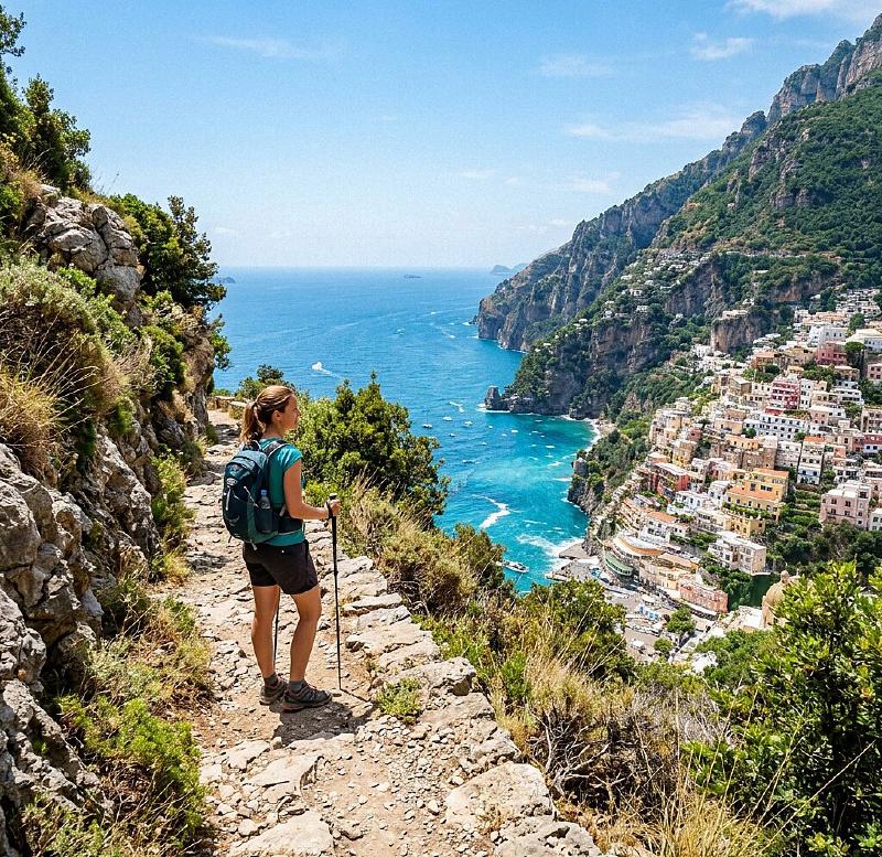 A hiker on the Path of the Gods overlooking Positano and the Amalfi Coast