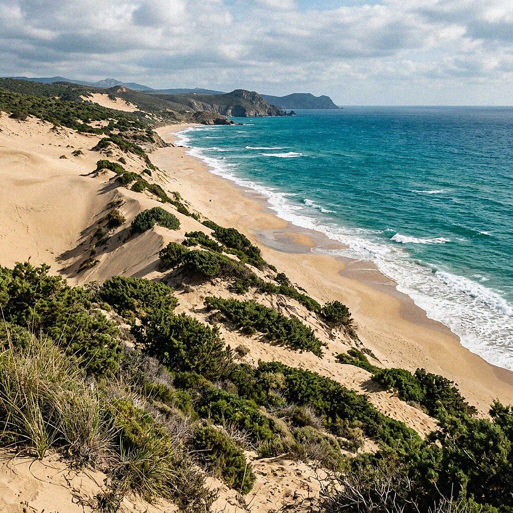 Le dune dorate della Costa Verde della Sardegna che si estendono fino a un mare color turchese