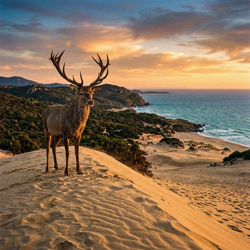 Un maestoso cervo sardo in piedi sulle dune di sabbia dorata di Piscinas al tramonto con il mare sullo sfondo