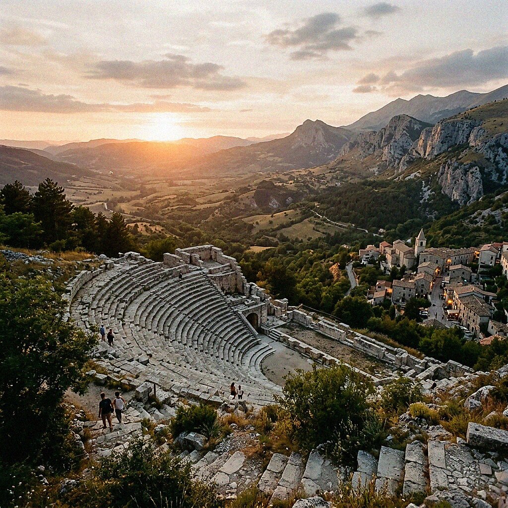 L'antico teatro sannita in pietra a Pietrabbondante con vista sulla valle