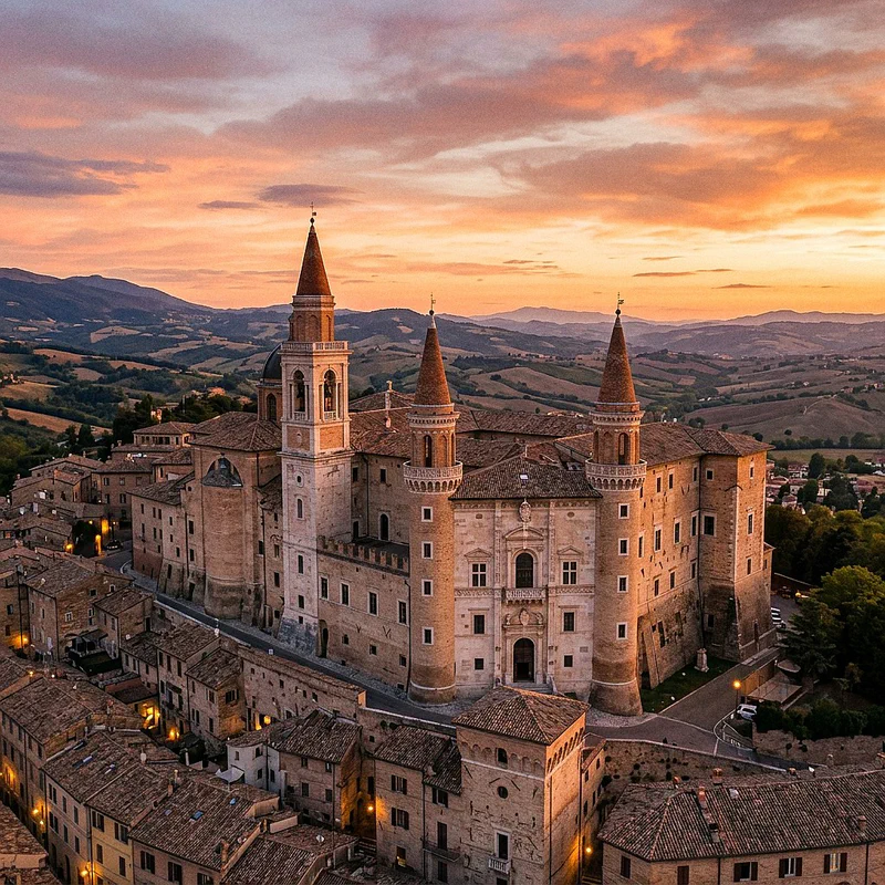 The majestic Ducal Palace of Urbino with its Torricini at sunset